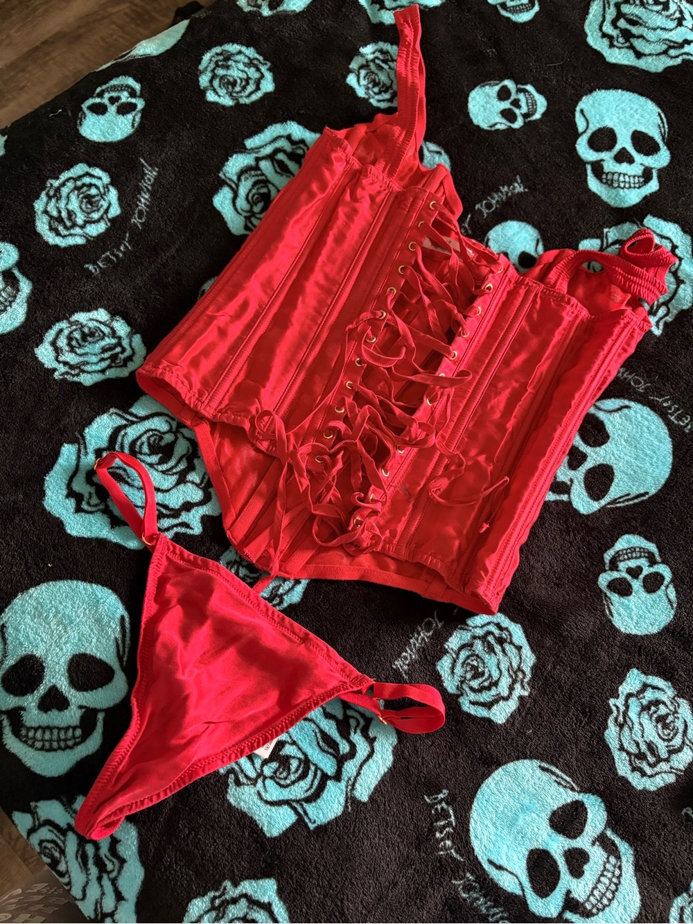 Victoria's Secret Red Satin Lace-Up Corset & Thong Set